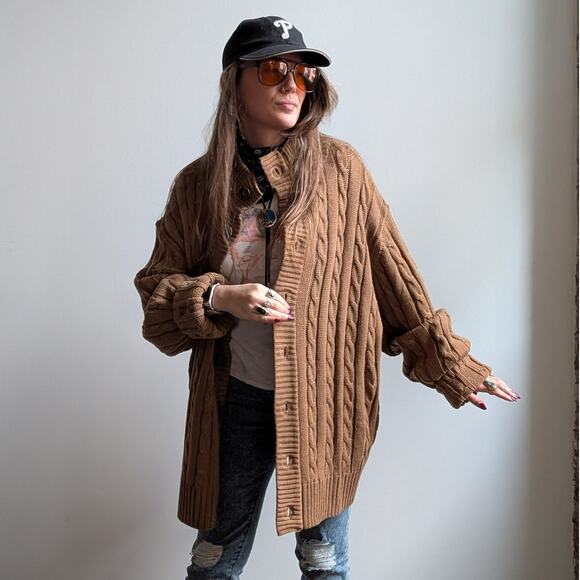 Vintage Brown Cable Knit Cardigan Chunky Grandpa Cosby Sweater Minimalist XL - Picture 10 of 10